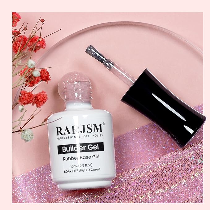 RARJSM Nude Glitter Rubber Base Gel Nail Polish Icy Jelly Pink Rainbow Shimmer Rubber Base for Nails Iridescent Brush on Quick Extend Builder Hard Gel Soak Off Curing Requires 15ml French Manicure
