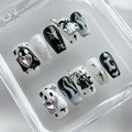 Halloween Press on Nails Medium Coffin Handmade Nails 3D Unique Reusable ABS Material Fake Nails Black&White False Nails with Designs Cute Ghost Charms Glossy Glue on Nail Thick Acrylic Nail(M)