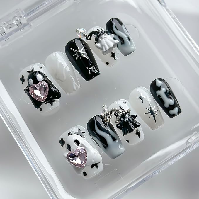 Halloween Press on Nails Medium Coffin Handmade Nails 3D Unique Reusable ABS Material Fake Nails Black&White False Nails with Designs Cute Ghost Charms Glossy Glue on Nail Thick Acrylic Nail(M)