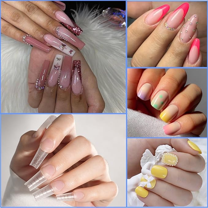 Gel X nail Tips and Glue Gel Kit, 420 Pcs Coffin Nail Tips with Guidelines, Multiple Shape and Length almond Nail Tip Kit Square with Mini UV Nail Lamp, 12 Sizes Fake Nail Tip Kit for Nail Extension