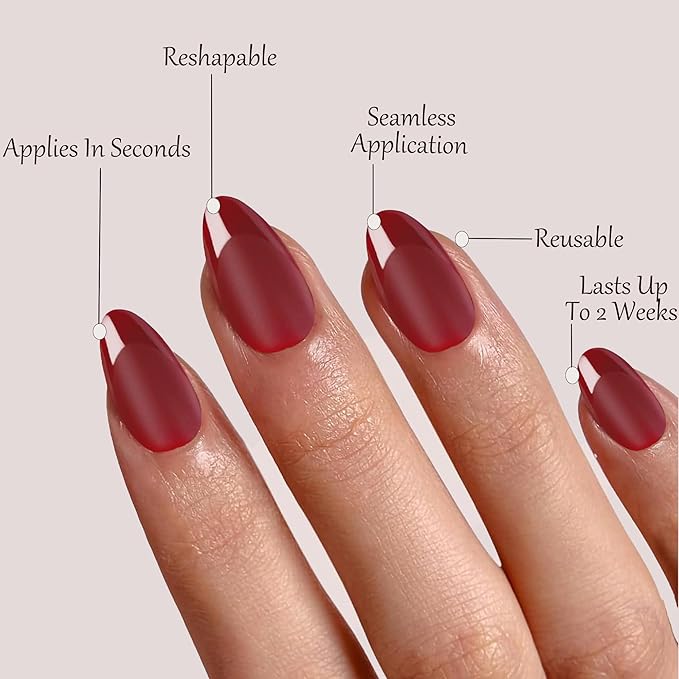 Press On Nails Short Almond Red Nails with Glossy French Tips in a Matte Finish 16 Sizes - 32 Nail Kit with Glue