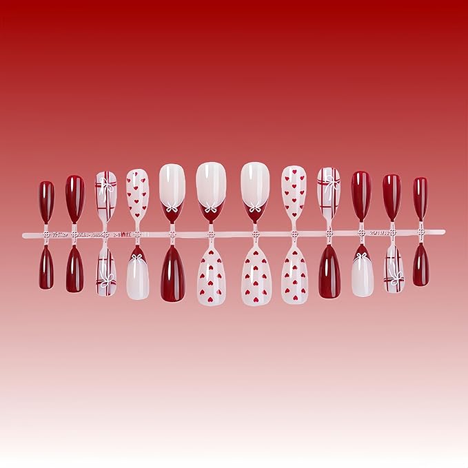 24Pcs French Tip Press on Nails Medium Almond Fake Nails with Red Heart Plaid Bow Designs Glossy False Nails Cute Mini Bow Burgundy French Acrylic Nails Glue on Nail for Coquette Women Girlfriend Gift