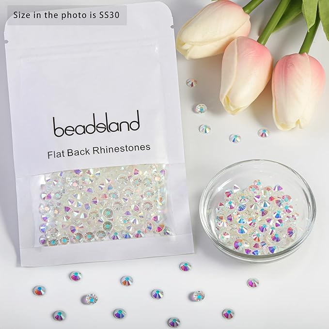 Beadsland 576pcs Flat Back Crystal Rhinestones Round Gems for Nail Art and Craft Glue Fix, Transparent AB, SS30,6.3-6.5mm