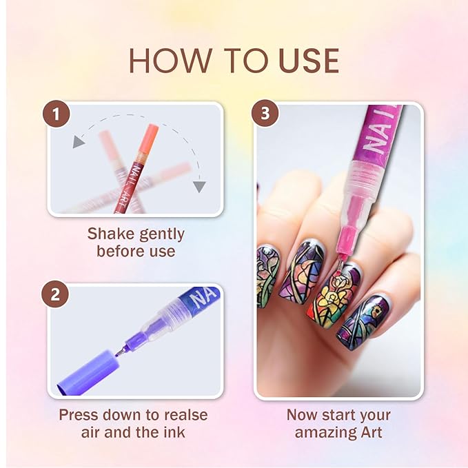 12-Color Nail Art Pens & Nail Art Markers Set – Fine Tip Nail Polish Pens for Painting Nails, Quick-Dry Waterproof Nail Pens for Nail Art on Gel, Acrylic & Natural Nails