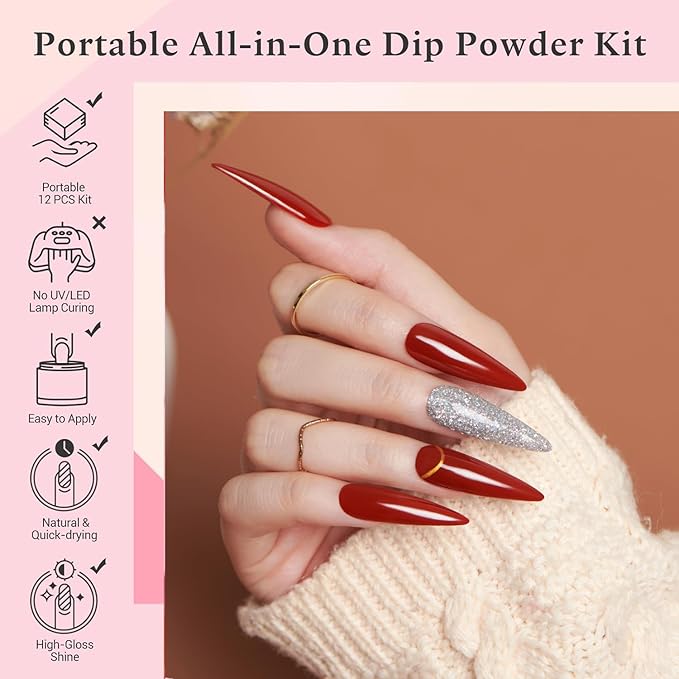 AZUREBEAUTY Dip Powder Nail Kit Berry Red Silver Glitter, 4 Colors Dipping Powder Set, French Nail Art Base Top Coat Activator Essential Liquid Manicure No Lamp Needed Salon