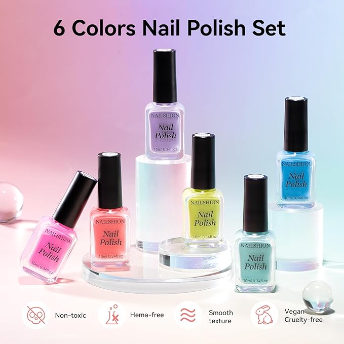 Regular Nail Polish Set 6 Rainbow Colors Pink Coral Mint Sky Blue Lavender & Azure Nail Polishes, Quick Dry, Non Gel, Opaque, Rich in Castor Oil, Nail Art DIY at Home Manicure Gift for Women