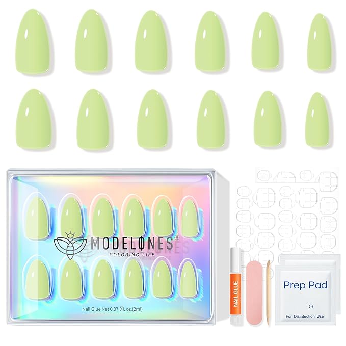 Modelones Green Press on Nails Almond, Easter Spring Pastel St. Patricks Day Short Fake Nails, Reusable Nail Kit with Nail Glue Adhesive Tabs Mini Nail File, Nails Press Ons 32Pcs 16 Sizes