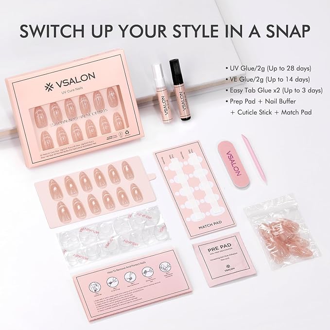 VSALON Press On Nails Medium Almond, Nude French Tip Cat Eye Shimmer Nails, Salon Quality Semi-transparent Fake Nails Kit - 32 PCS Stick on Nails in 16 Sizes with UV Glue & Cuticle Oil