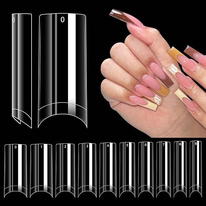 LIONVISON 500PCS No C Curve Nail Tips, Long Square 10 Sizes Half Cover Straight Square French Clear Fake Nail Tips for Acrylic Nails Professional for Nail Art Salon
