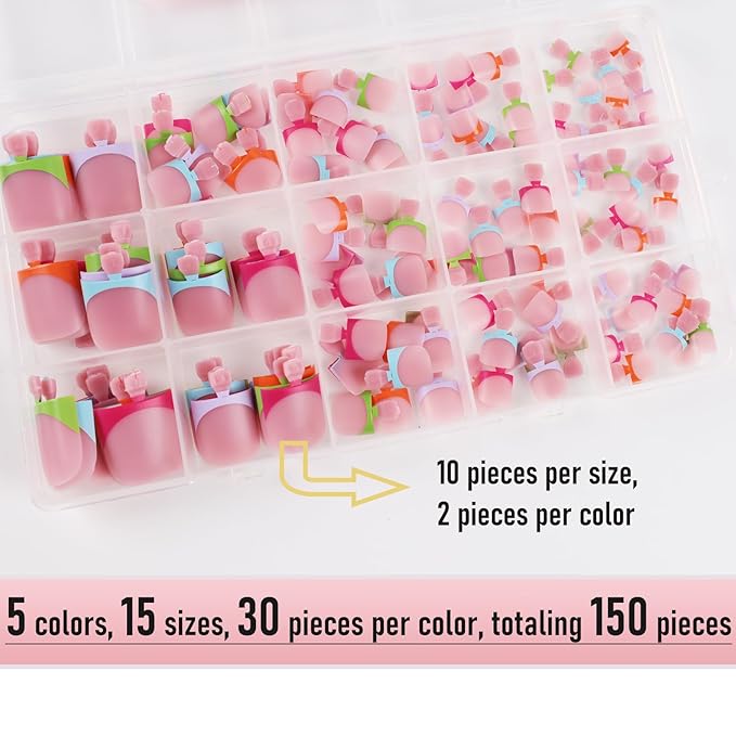 Toe Nail Press Ons, French Tips Toe Press On Nails, 150pcs Square Pre-Designed Soft Gel Thick False Toenail Extension, 5 Colors Full Cover Acrylic Nails for DIY 15 Sizes