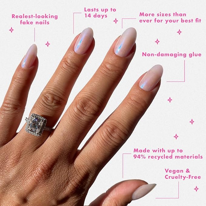 Olive & June Instant Mani Press-On Nails (Glue) | 42 Fake Nails, 21 Sizes | Non-Toxic, Long-Lasting Recycled Materials Realistic Look | Spring Flowers & Patterns | Medium, Oval | Pink Goldfish