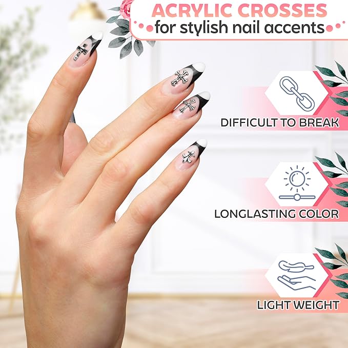 120 PCs Silver Cross Nail Charms – Cross Charms for Nails – Sturdy and Easy-to-Apply Decorations, DIY and Professional Use, 3D Art for Nails | Works with Rhinestones and Nail Art Striping Tape Lines