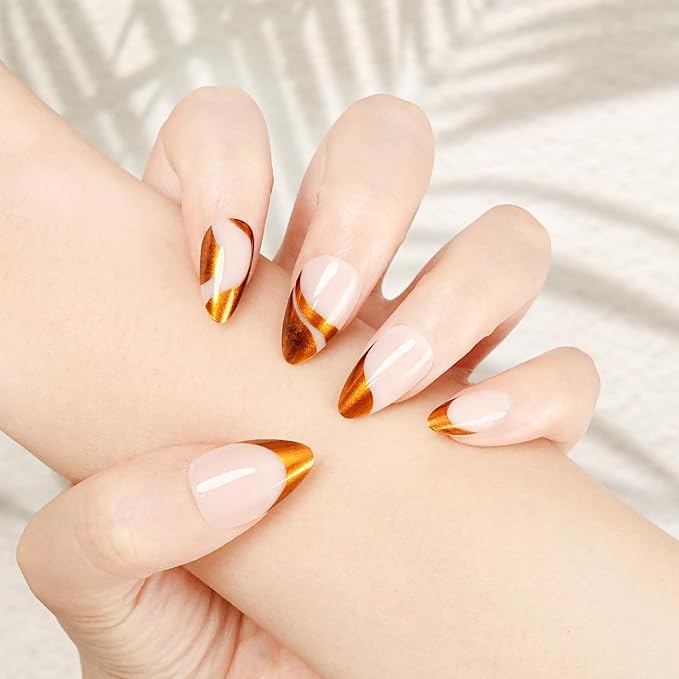 Press On Nails, Long Almond Shape, Gold Swirl Design, Nude & Metallic Finish, Reusable Fake Nails Set
