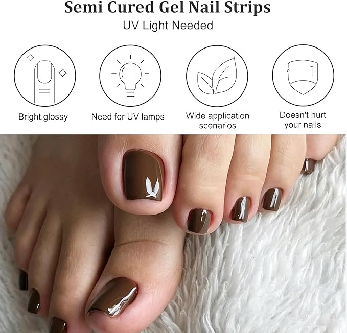 32 Pcs Semi Cured Gel Toe Nail Strips Dark Brown Gel Nail Stickers Full Cover Nails Wraps Self Adhesive Toe Nails Polish Strips Stickers for Women UV/LED Light Required