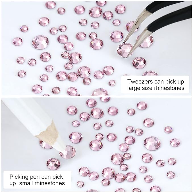 4240Pcs Flatback Pink Rhinestones Glass Crystal Gemstones for Nail Art Jewels Makeup Shiny Round with Tweezers and Picking Pen (SS6~SS20 Set)