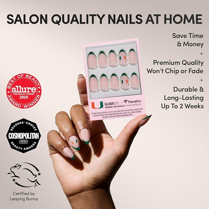 Glamnetic x Fanatics Press On Nails - Miami Hurricanes | Short Almond Fake Nails, Collegiate Hurricanes Green French Tips, College Nails, Salon-Quality | 15 Sizes - 30 Nail Kit with Glue