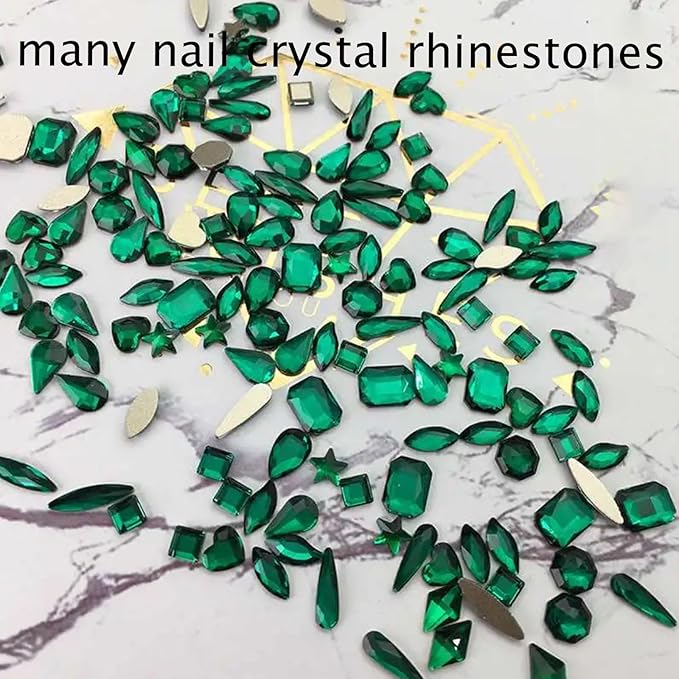 Nail Rhinestones Kit, 18 Types of 900 Special-Shaped Nail Diamonds + 3200 Flat-Bottomed Nail Rhinestones, Green Nail Crystal Rhinestones for Manicure