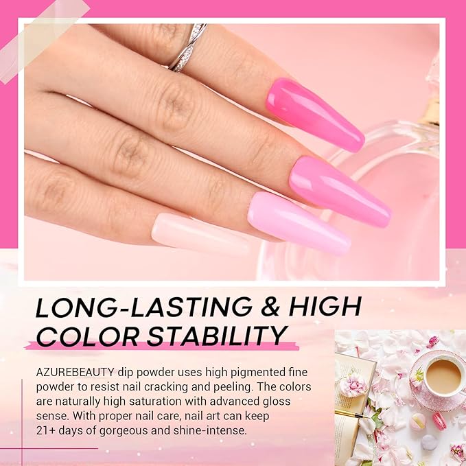 AZUREBEAUTY Pink Dip Powder Nail Set, 6 Colors Light Hot Pink Cherry Blossom Shades Dipping Powder Starter Kit, French Nail Art Manicure, No Need Nail Lamp Cured DIY Salon