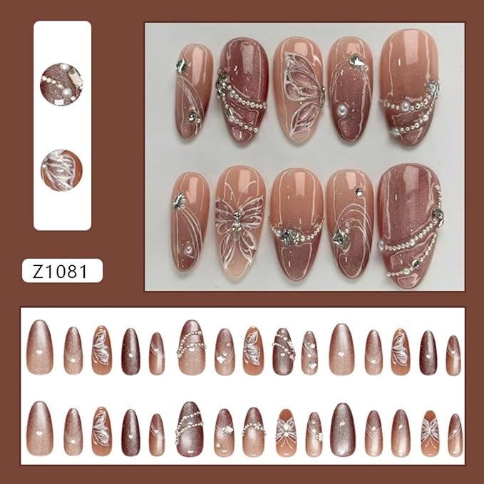 Medium Press on Nails Almond Fake Nails Brown False Nails Ombre Artificial Nails Glitter Acrylic Nails Press ons with Butterfly and Rhinestones Designs Sparkly Stick on Nails for Women 24pcs