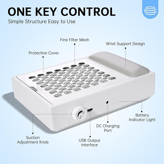 Nail Dust Collector, Cordless Dust Collector Nail Tech, Professional 550PA Vacuum Fan Vent Dust Extractor Quiet Dust Suction Machine for Acrylic Nails Polishing, Nail Salon&Home