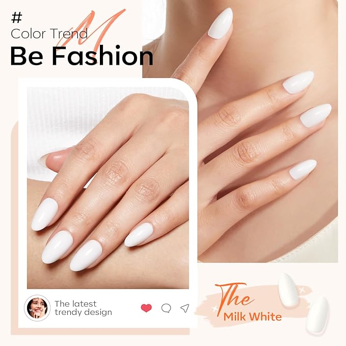 Modelones Milky White Press on Nails Almond, Spring Short Fake Nails, Reusable Nail Kit with Nail Glue Adhesive Tabs Mini Nail File, Nails Press Ons 32Pcs 16 Sizes, Women Girl Gift