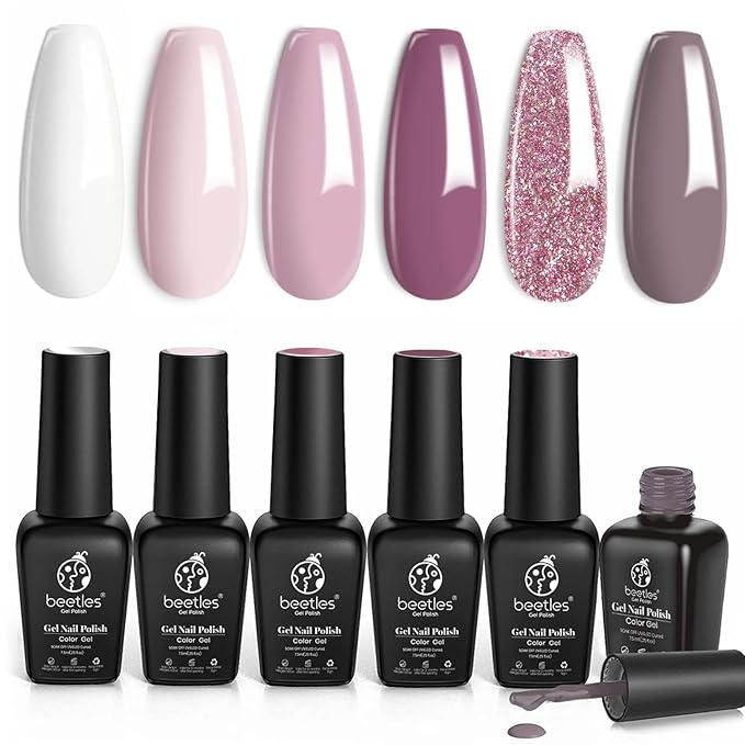 Beetles Romantic Wedding Gel Nail Polish Set Holiday Gift, 6 Colors Soak Off UV Manicure Kit with 2 Pcs 15ml No Wipe Gel Top Coat and Base Coat Set Gifts for Women