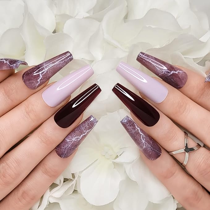 Hypnaughty 24 Pcs Bordeaux Marble Extra Long Coffin Press On Nails and Glue with Light Pink and Solid Bordeaux Reusable XL False Nails (Bordeaux Marble)