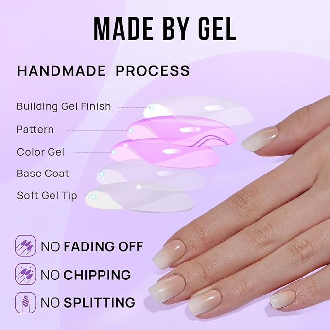 BTArtbox Square Ombre Press On Nails -Soft Gel Press On Nails Short with Nail Glue, 16 Sizes - 32 Reusable Fake Nails Kit, Vanilla Cream