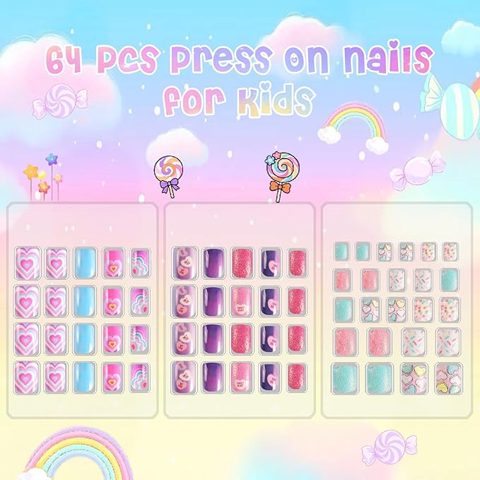 Laza Children Nails Press On Pre-glue Full Cover Sweet Glitter Love Gradient Short False Nail Kits for Kids Teenager Girls-Sweetie Hearts