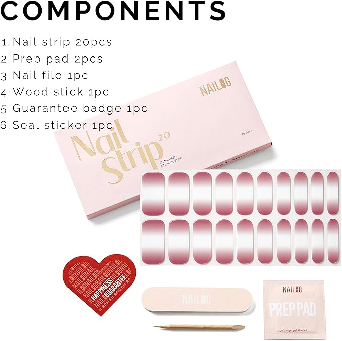Semi Cured Gel Nail Strips - NAILOG 20 Pcs Gradient Pink Nail Stickers Extra Long Wraps with Glossy Gel Finishing for Spring Summer, Bicerin