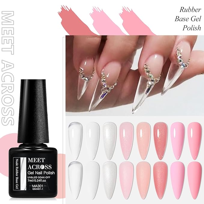 MEET ACROSS Rubber Base Gel Set 12 Pcs, 8 Colors Jelly Builder Base Nail Gel Nude Sheer White Pink Shimmer, 2-in-1 Soak Off Base Gel Nail Strengthener