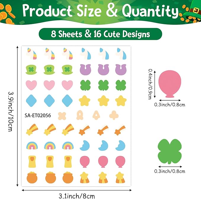Eartim St Patrick's Day Lucky Charms Nail Sticker - 8 Sheets Unicorn Clover Rainbow Nail Art Sticker Colorful Waterproof Self-Adhesive Decorative Decal for St Patrick's Day DIY Manicure Accessories
