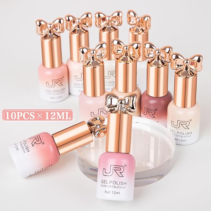 JR HEMA Free Gel Polish 12ml 10colors UV Jelly Nude Pink Gel Polish Set Soak off Gel Nail Polish Semi-Cured Long Lasting Polish Gifts for Women A