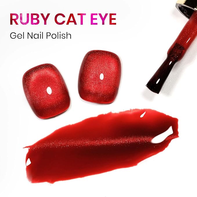 MIZHSE Moonlight Cat Eye Gel Nail Polish, 12mL Rose Red Smoothie Cateye Gel Nail Polish Silky Glitter Magnetic Soak Off U V LED Nail Gel Polish for Home Manicure Nail Art
