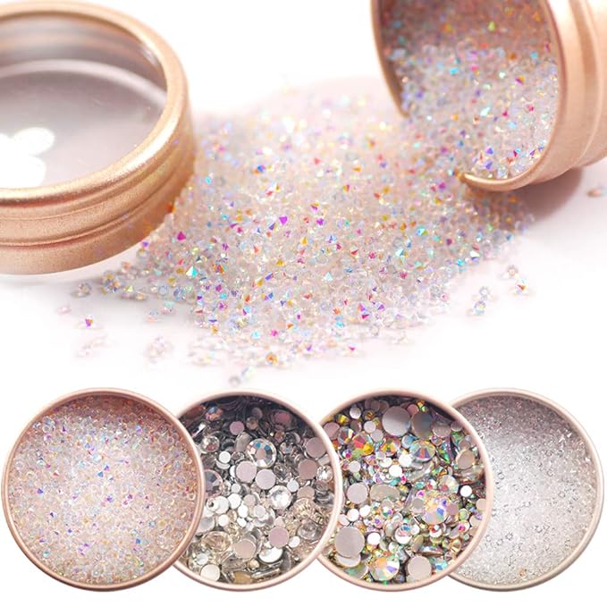 4 Boxes Nail Art Rhinestones AB and White Color Micro Diamond Sparkly with Aluminum Box Delicate Nail Gems