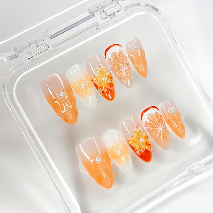 Luxury Press on Nails Medium Almond Handmade 3D Unique Reusable ABS Material Fake Nails Orange False Nails with Designs Pearls Floral Art Petal Glossy Glue on Nails Thick Acrylic Nails(S)
