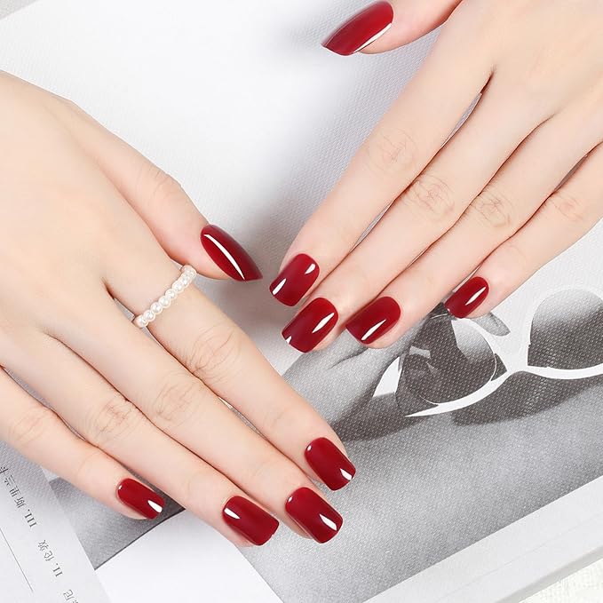 Acrylic Press On Nails Long Lasting Reusable Fake Nails with Glue Cherry Red