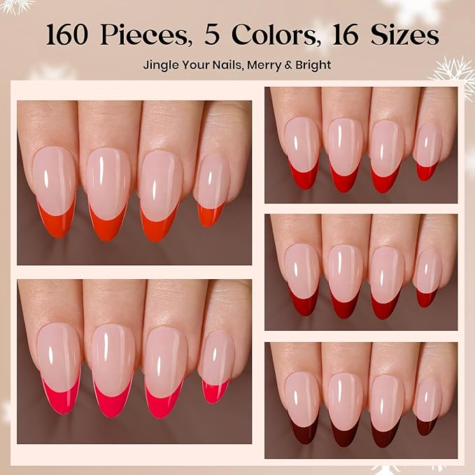 Beetles X Press Red French Tip Nails - Fierce French | 5 Colors Valentines Press On Nails Medium Almond | 16 Sizes 160 Pcs Natural Salon Quality
