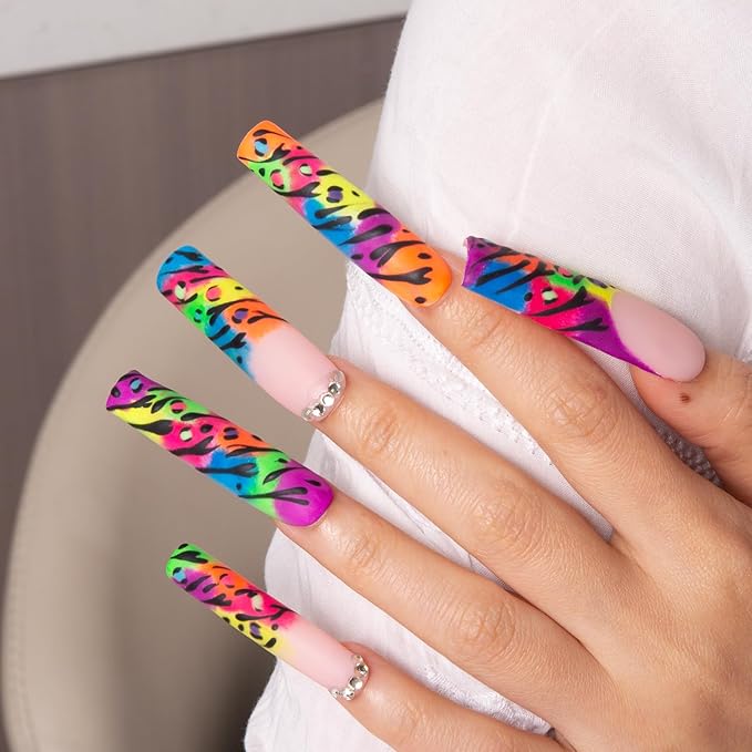 LOVFUL Press on Nails Illusion | Handmade with Full Covered Crystals | Reusable Fake Nails | Square | H123-S, pink