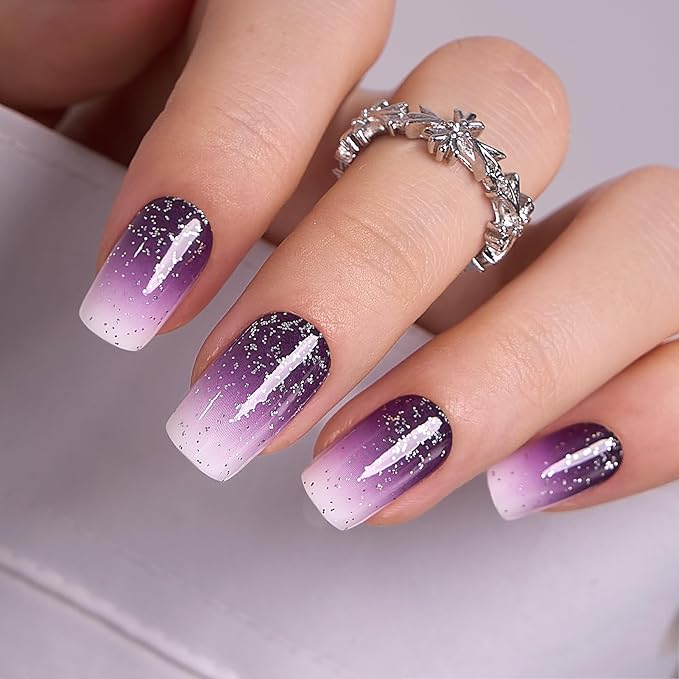 Curvlife Press On Nails Acrylic False Nails with Design - Full Cover Reusable Nail Kit with Glue, Adhesive Tabs, File - Artificial Glue On Nails (Gradient Purple, 30pcs)