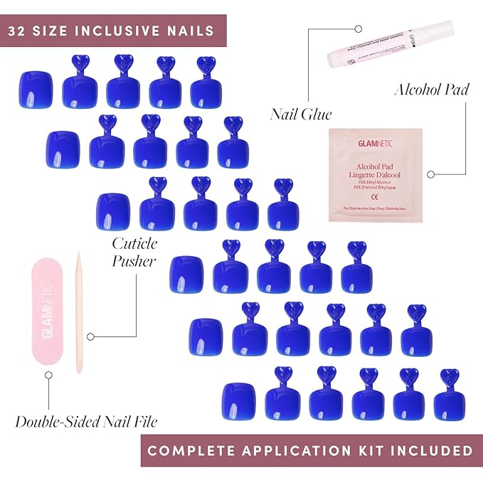 Glamnetic Press On Toenails - Cobalt Blue | Solid Opaque Blue Fake Toe Nails with a Glossy Finish | 16 Sizes - 32 Toe Nail Kit with Glue