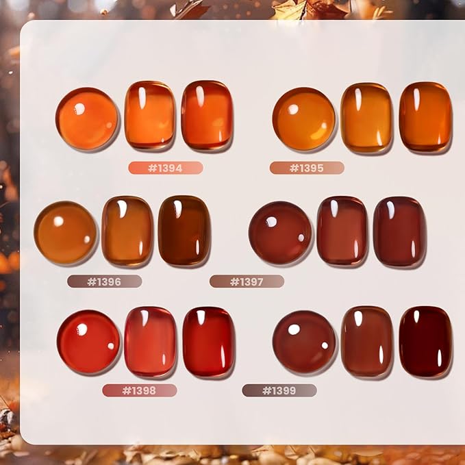 RARJSM Jelly Brown Stained Glass Gel Nail Polish Set 6pcs Clear Glazed Amber Orange Caramel Mocha Brown Wine Cherry Red Crystal Transparent Sheer Gel Varnish Curing Requires Home Salon Manicure