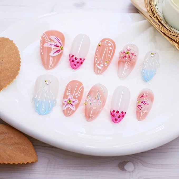 Flower Press on Nails - Medium Almond French Tip Fake Nails Handmade Press on Nails 3D Flower Butterfly False Nails with Water Ripple Design Muti-Layer Gel Artificial Acrylic Nails for Women (Size S)