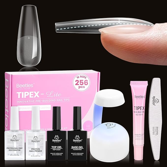 Beetles Tipex Lite Nail Tips Kit with Dehydrator & Primer, Long Coffin Full Cover Clear Nails 256PCS 16 Sizes, Mini UV Lamp, 20g Solid Nail Glue, Base & Top Coat, All-in-One Nail Starter Kit
