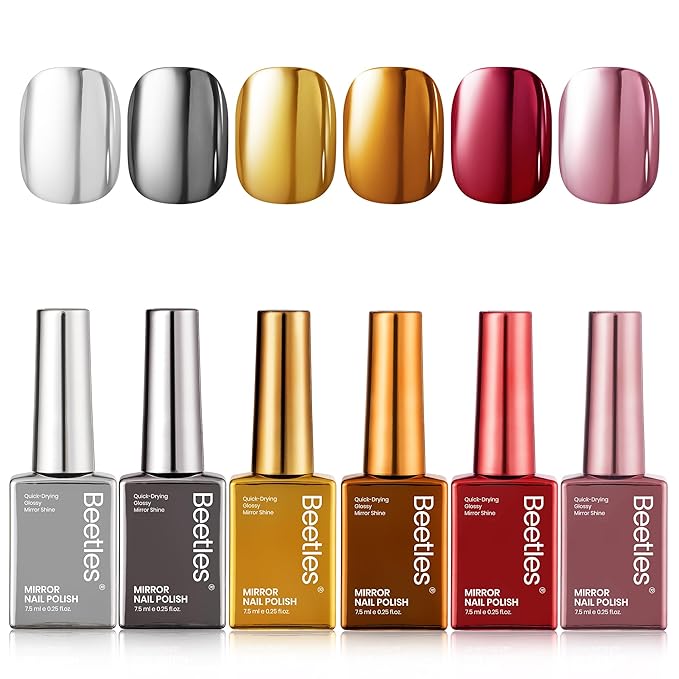 Beetles Mirror Nail Polish Set – Metallic Muse 6 Colors, High Gloss & Quick-Drying Metallic Nail Polish Set, Long-Lasting Air Dry Home DIY Perfect Nail Art Valentines Gift for Women