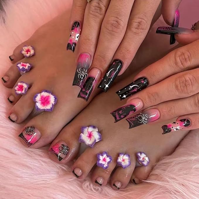 48Pcs Halloween Press on Toenails Ombre Pink Press on Nails Long Square Fake Nails with Spider Charms Design Black French Tip Fake Toenails Pumpkin Ghost False Nails for Women Girls DIY Manicure