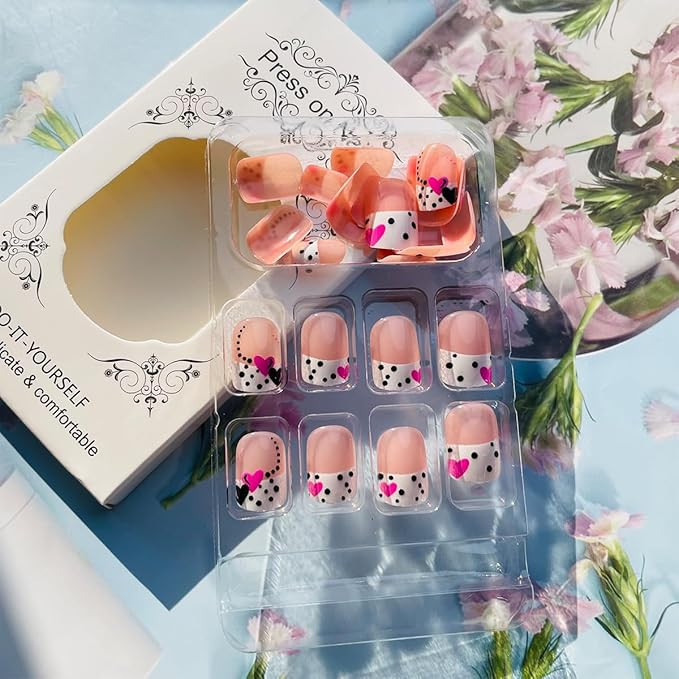 Valentines Day French Tip Press on Nails Short Square Valentine’s Day Nails with Heart Spot Designs Acrylic Fake Nails Glossy Artificial Nails White Nails Tips Glue on Nails for Women Girls 24Pcs