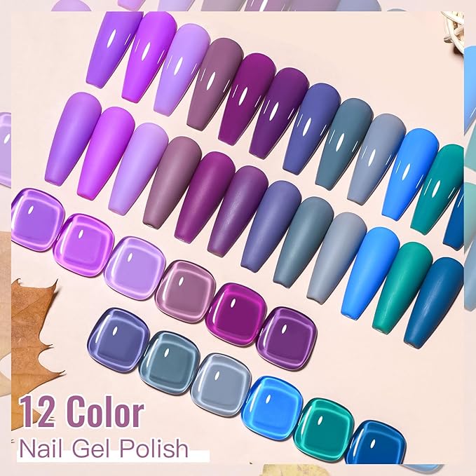 MEET ACROSS 12pcs Gel Nail Polish Set,Soak Off UV LED Lamp Gel Nail Polish Kit,Fashion Shimmer Nail Art Design Gifts for Women Manicure Salon (Blue Purple)