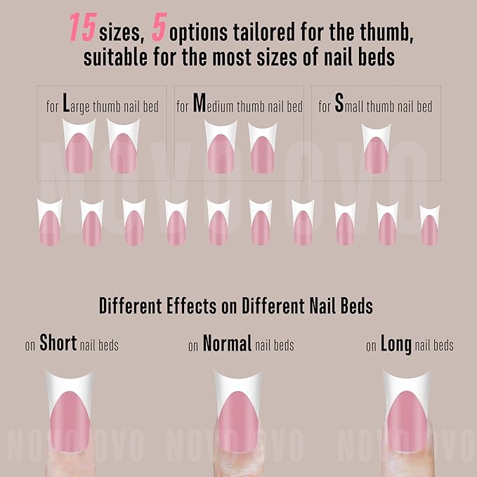 White French Tip Duck Feet Nail Tips Full Cover for Press on Acrylic with Moon Curve, BERRY PINK Extra Thick Medim Long, Flare Wide Soft Gel Fake False Nail Extension x 15 Sizes 150 pcs