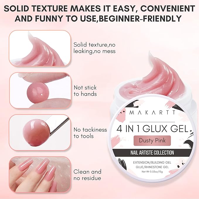 Makartt 3D Gel Nail Art: 15ML Solid Gel Builder, Non-sticky for Extension 3D Sculpting Nail, UV Glue for Acrylic Tips, Rhinestones & Sculpture Hard Gels for Nails UV/LED Lamp Required Dusty Pink